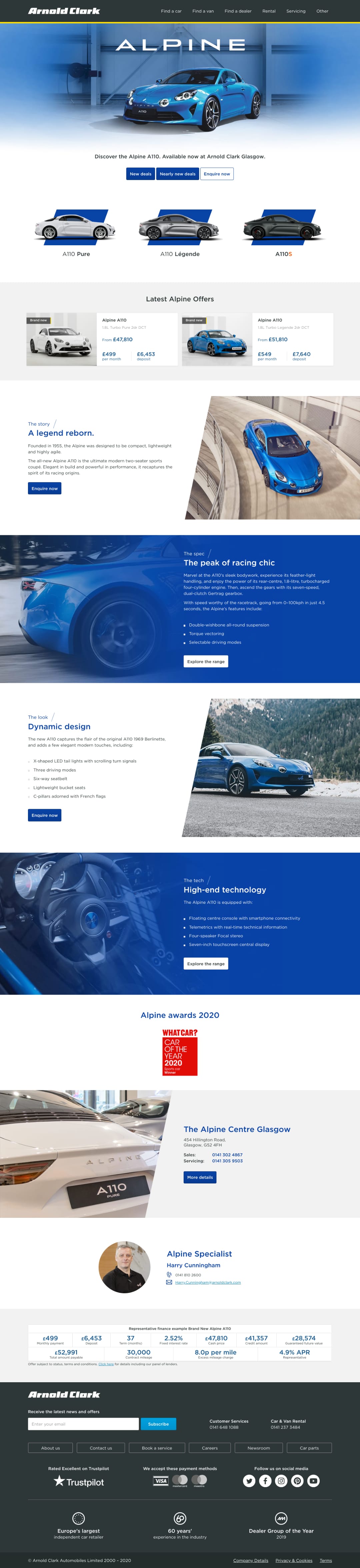 Alpine landing page for the A110 model